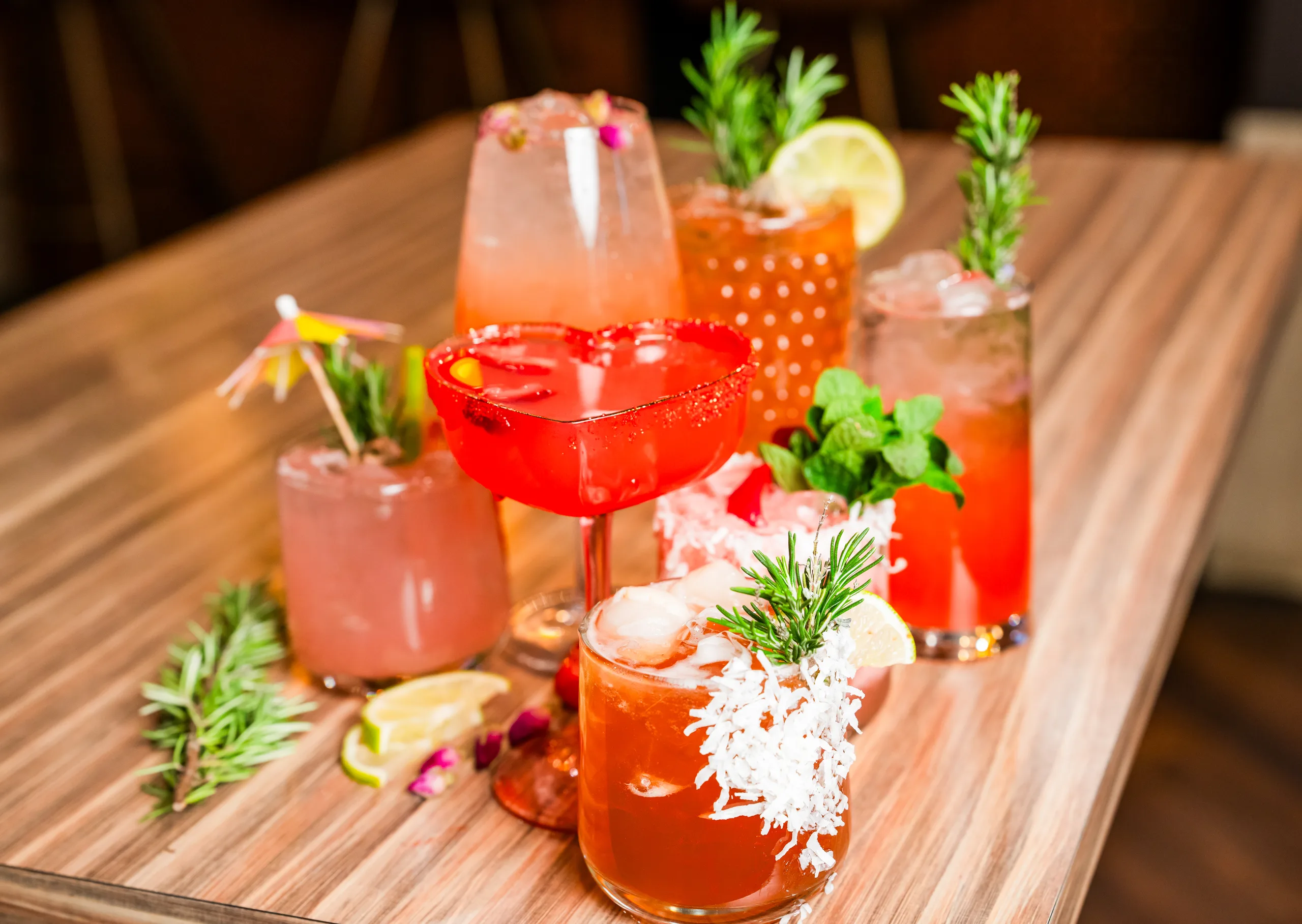 Craft cocktails on the live-edge wood table